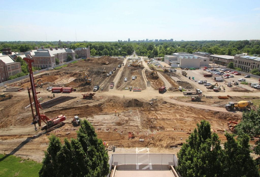 View of construction on the Washington University in St. Louis campus, part of the East End Transformation project