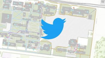Twitter logo against backdrop of a landscape plan for the East End Transformation of WashU Danforth Campus.