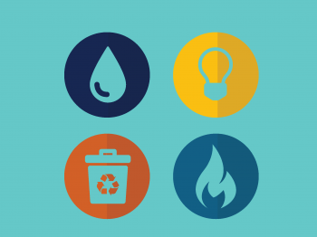 Four flat sustainability icons on a turquoise background