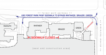 Map showing sidewalk closures on the Washington University in St. Louis campus
