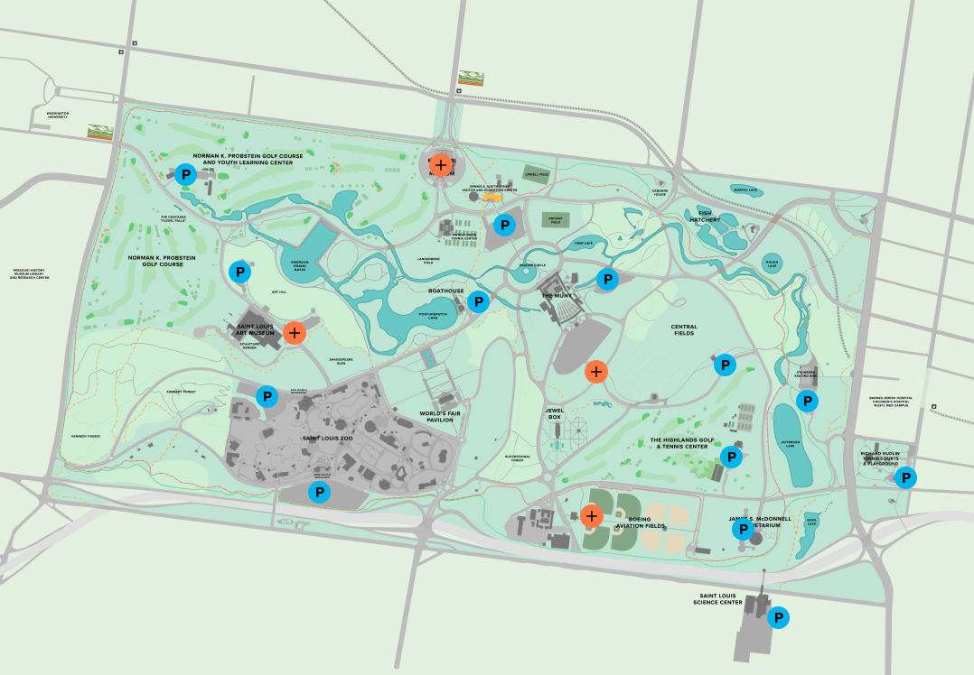 Map of Forest Park in St. Louis, Missouri showing parking lots