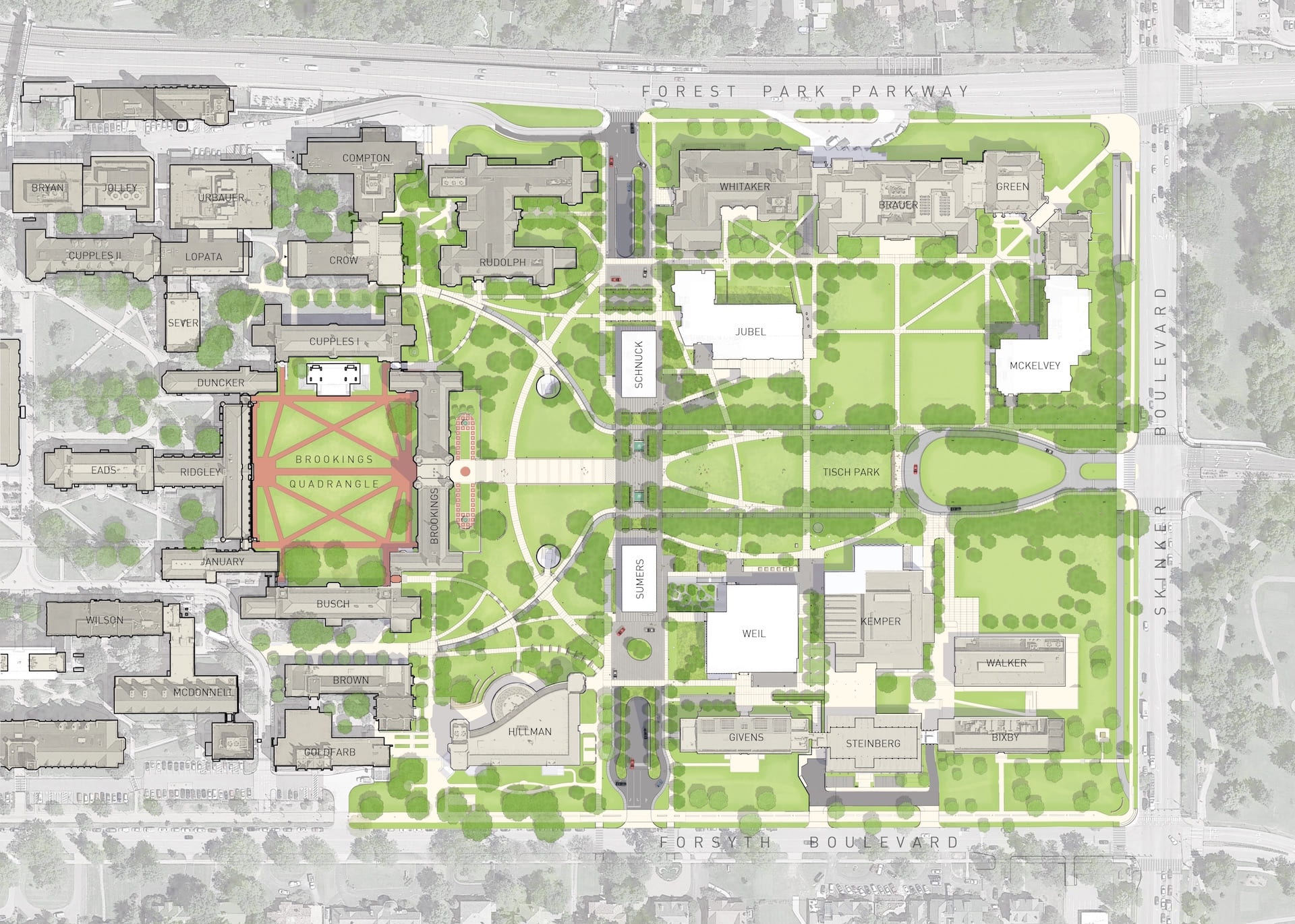 Overhead view of the transformation of the east end of WashU's Danforth campus