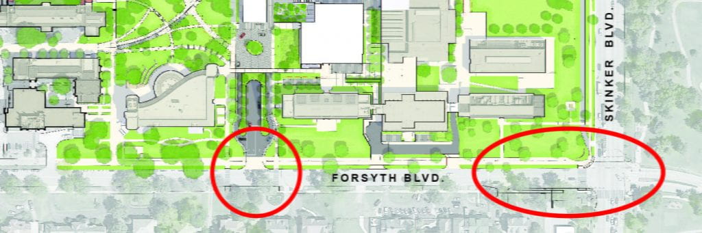 Map showing the Danforth campus of Washington University in St. Louis with red circles indicating the intersections of Forsyth & Skinker and Forsyth & Hoyt.