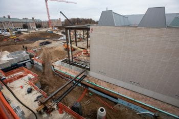 View from the 3rd floor of Weil looking down at the mechanical systems between the Kemper Art Museum Expansion and Weil