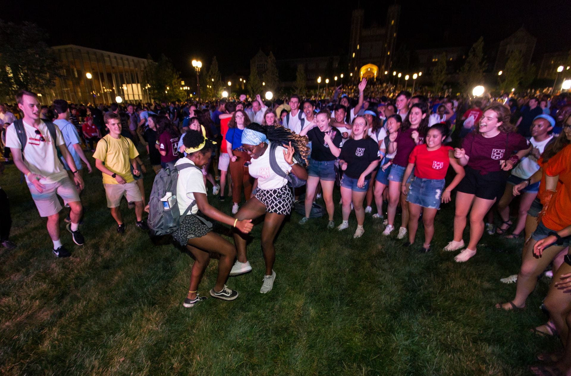 WashU first-year students gather and celebrate Convocation 2019 in the newly completed Tisch Park.